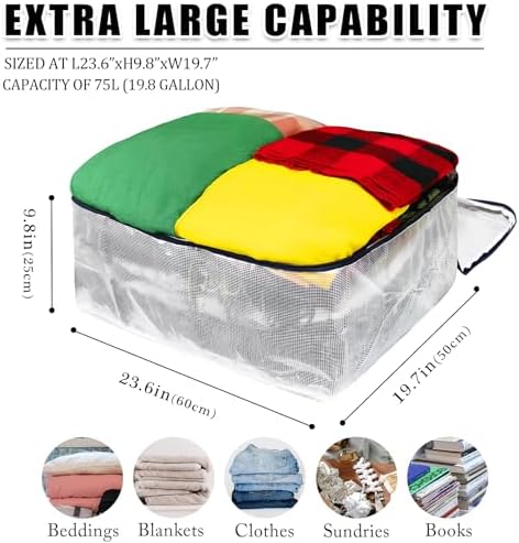 Clear Storage Bags with Zipper, 75L Extra Large Capacity - Closet, Underbed Storage Organizer for Clothes, Bedding, Comforter, Toys, Pillow & Blanket, 3 Pack