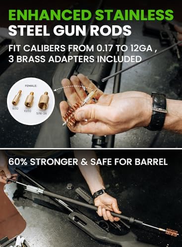 Universal Gun Cleaning Kit for All Guns - Portable Gun Cleaning Kits for Handguns and Rifles, Shotgun, Airsoft - Incl. Stainless Steel Rods, Brass Jags, Gun Cleaning Patches, Cleaning Swabs