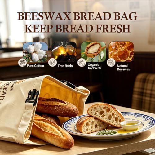 3 Pack Cotton Reusable Beeswax Bread Bags, 17“ × 13”, XL Large