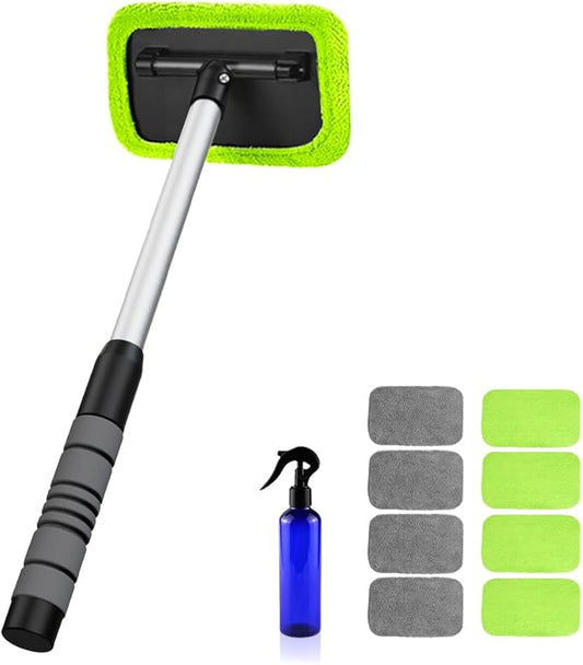 XINDELL Windshield Cleaner Tool – Car Window Cleaning Tool Extendable Handle for Easy Cleaning, 9pcs Reusable Microfiber Pads, Streak-Free Interior & Exterior Auto Glass Cleaner (Green)
