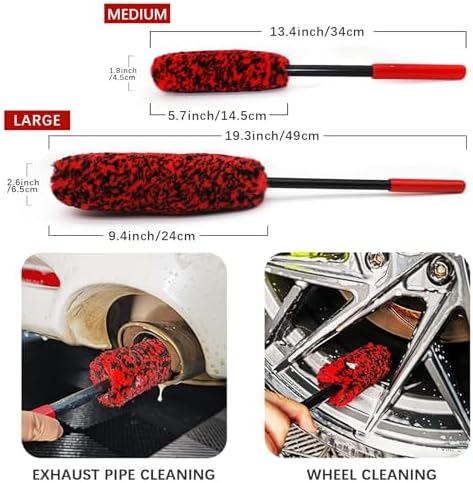 Wheel Brush Kit for Cleaning Wheel and Tire, 2 Soft Bendable Wheel Woolies Cleaning Brush, Stiff Tire Brush, Detailing Brush, Flexible&Durable Wheel Rim Cleaner Brush Set (Red)