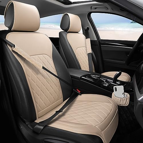 Front Car Seat Covers - Leather Seat Covers with Storage Pocket and Two Belt Pads, Anti-Slip Waterproof Universal Seat Covers for Cars Fit Cars Trucks SUV(Beige,2 Pack)