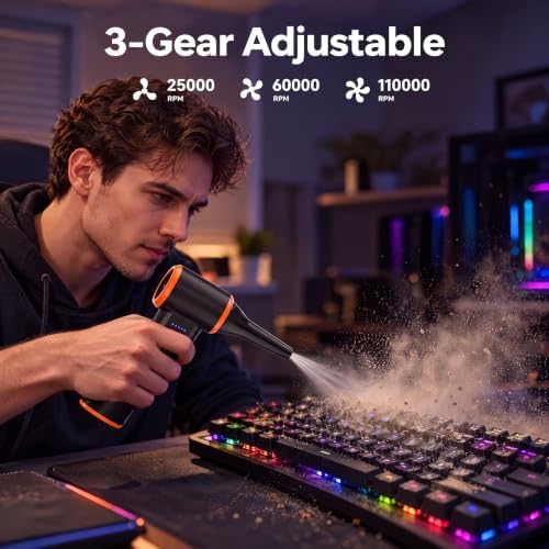 X211 Compressed Air Duster, Rechargeable Compressed Air Blower, Electric,110,000 RPM Brushless Motor with 3 Speeds & 4 Nozzles for Keyboard, PC, Car and Inflation Tasks