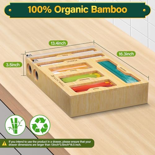 Bag Organizer and Plastic Wrap Dispenser with Cutter, 6 In 1 Bamboo Foil and Plastic Wrap Organizer for Kitchen Drawer, Food Storage Bag Organizer for Gallon,Quart,Sandwich,Snack(Yellow)