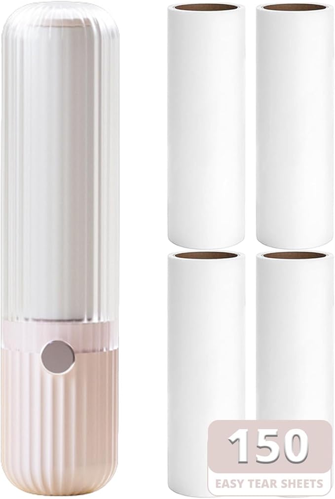 Compact Lint Roller with 150 Sheets - Portable Pet Hair Remover for Clothes, Furniture, and Travel Essentials Household Use, 1 Handle+5 Roller Refills (Pink)