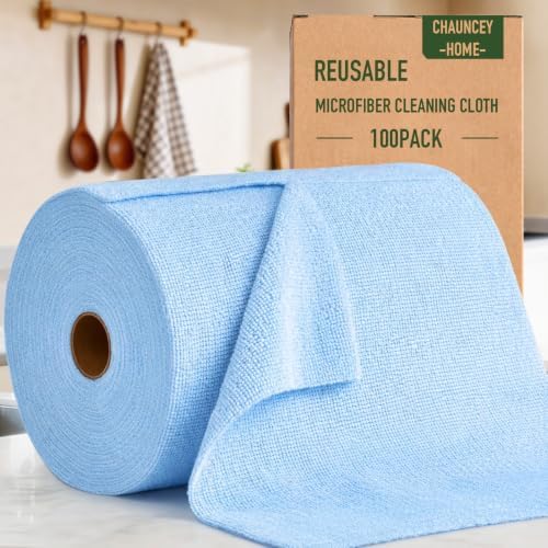 Microfiber Cleaning Cloth Roll - 100 Pack Tear Away Microfiber Paper Towels, Reusable, Washable, Scratch-Free, Kitchen Towels for Car, Home, Kitchen, Glass, Dishes (Blue)