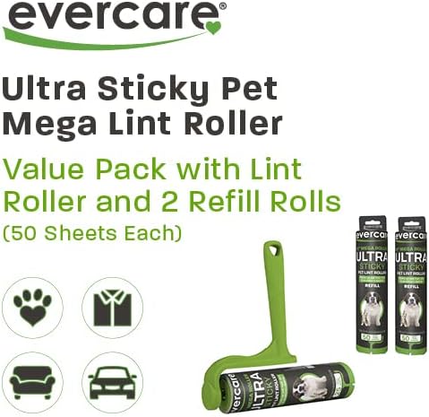 Evercare Ultra Sticky Pet Mega Lint Roller Value Pack, Manual Clothes & Furniture Cleaner with Handle and 2 Refills, 50 Sheets Each