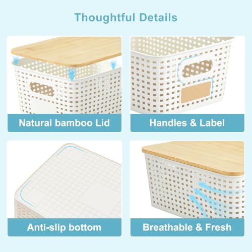 Small Plastic Storage Bins with Bamboo Lids 5.2qt Stackable Box Basket Pantry Decorative Containers Cute with Labels for Organizing Desktop Closet Office Cream White of 6 packs 10*7.2*4.1"