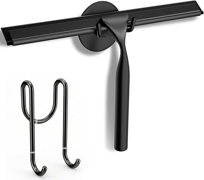 FARMER Shower Squeegee for Glass Doors, 10-Inch Glass Squeegee for Windows, Car Glass and Mirrors, Multi-Purpose Stainless Steel Squeegee with Suction Wall Hook and Over Door Hook, Black