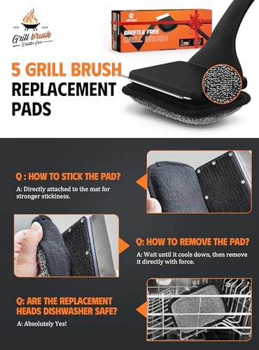 Grill Brush Bristle Free, Grill Cleaner Brush with 5 BBQ Replacement Head for Cast Iron, Stainless Steel Grates, Safe Grill Scraper Outdoor BBQ Grill, Black