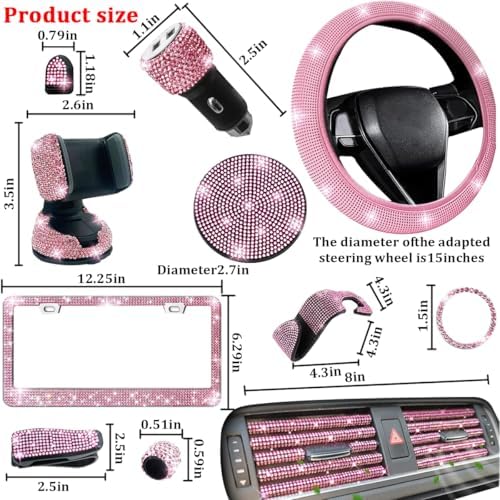 27 Pack 14.5-15 Inch Rhinestone Car Accessory Set, Pink