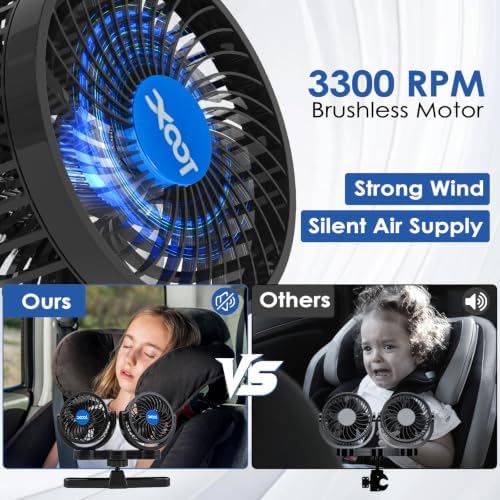 Electric Car Fans for Rear Seat Passenger Portable Fans Headrest 360 Degree Rotatable Backseat Car Fan 12V Cooling Air Fan with Stepless Speed Regulation for Vehicles, SUV, RV