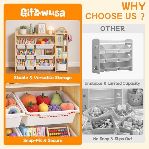 Kids Toy Storage Organizer, Wooden Shelf with 3 Tiers and 9 Storage Bins, Nursery Room Organizer for Books and Toys, White and Natural Wood