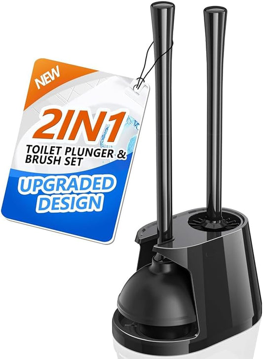 Toilet Plunger and Brush Set, Bowl Brush and Heavy Duty Toilet Plunger with Ventilated Holder, 2-in-1 Toilet Brush and Plunger Combo for Bathroom Deeply Cleaning（Black