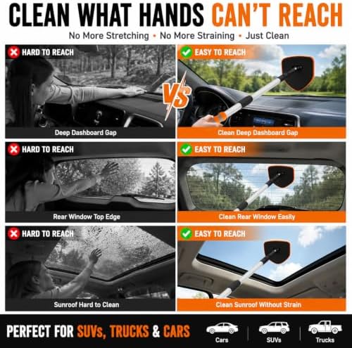 XINDELL Interior Windshield Cleaner Tool, Extendable Car Window Cleaning Kit with 360° Rotating Head