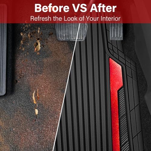 Heavy Duty Rubber Car Mats Metallic, Aluminum Film All Weather Floor Mats Waterproof Universal Trim to Fit Automotive SUV Sedan Van 4 Piece Anodized Deep Dish Two-Tone Sporty Black Red Chrome