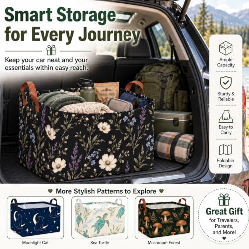 Hydrangea Car Trunk Organizer, Foldable Auto Storage Basket with Handles