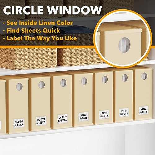 8 Pack Bed Sheet Organizers and Storage, Foldable Sheet Organizer for Linen Closet, Sheets Set Folder Keeper with Window XL (Queen & King Size) Bedding Container (Beige, 8 Pack)