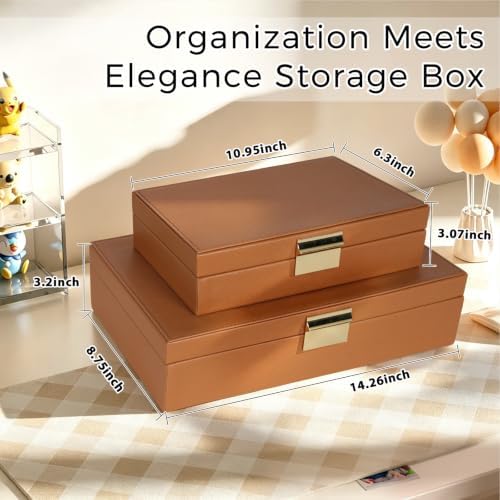 Decorative Storage Box Set of 2, PU Leather Organizer for Home Decor Brown