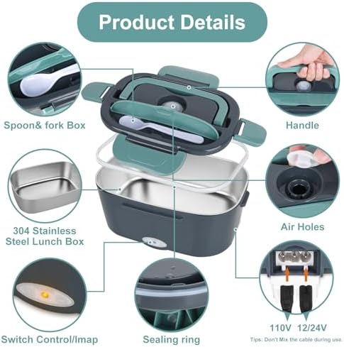 Electric Lunch Box Food Heater, 3 in 1 Ultra Quick Heated Lunch Boxes for Adults, 12V/24V/110V Portable Food Warmer for Car/Truck/Office With Fork Spoon and Insulated Carry Bag, White Elephant Gifts