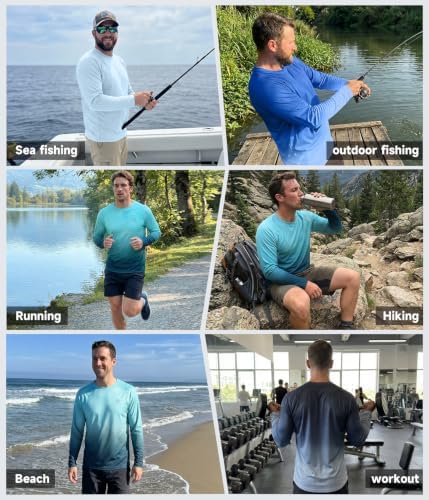 Mens UPF 50+ Long Sleeve Sun Shirts Fishing Rash Guard Uv Protection Tops