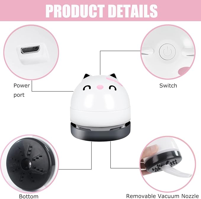 YUNYILAN Mini Desktop Vacuum Cleaner, Portable USB Vacuum Cleaner for Desk Mini Cute Cartoon Desktop Vacuum for Cleaning Eraser Crumbs, Dust, Crumbs, Computer, Keyboard and Car (White)