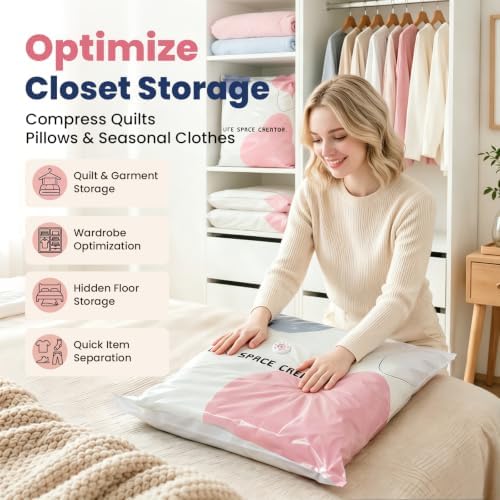 5PCS No Pump Vacuum Storage Bags, No Pump Large Vacuum Storage Compression Bags, Thick Airtight Reusable Organizer for Clothes Comforters Travel Moving Closet Storage (L)