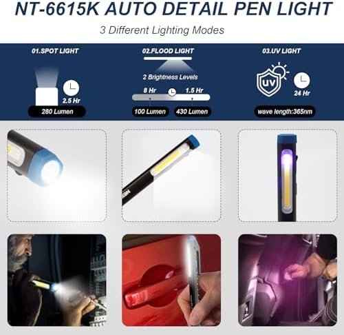 NT-6615K CRI 95 Auto Detailing Light, Rechargeable Pocket Flashlight, 430 Lumen, 6000K, Magnetic, Spot/Flood/365nm UV Light 3 in 1, for Paint Correction, Swirl Finder, Pro Paint Matching Tool