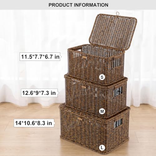 Wicker Storage Basket With lid, Stackable Plastic Bin (Brown, S+M+L)