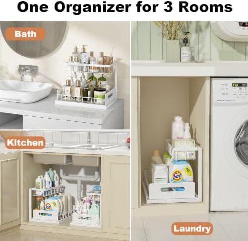 Under Sink Organizer, L-Shaped 2 Tier Pull Out Cabinet Organizer