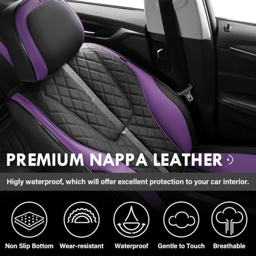 Leather Car Seat Covers Full Set, Black and Purple Seat Cover, Luxury Diamond-Pattern Leather Seat Covers & Carbon Fiber, Durable Waterproof Car Seat Protectors Universal Fit for Most Cars