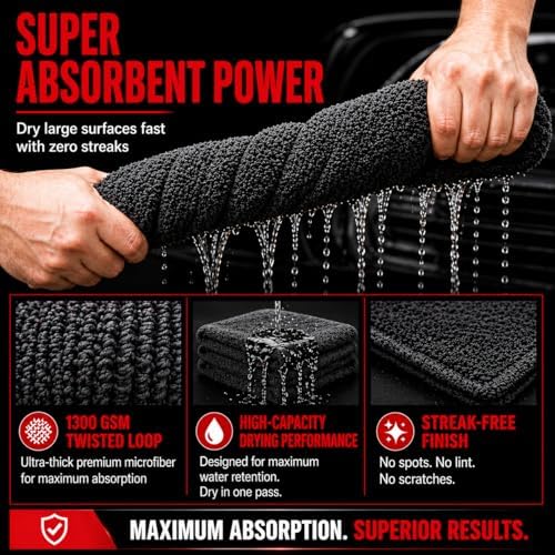 Microfiber Car Drying Towel & Interior Cleaning Cloth Set (2-Piece), 1300 GSM 24” x 36” Twisted Loop + 550 GSM 16” x 16” Coral Fleece, Streak-Free, Scratch-Free, Auto Detailing for Cars, Trucks & SUV