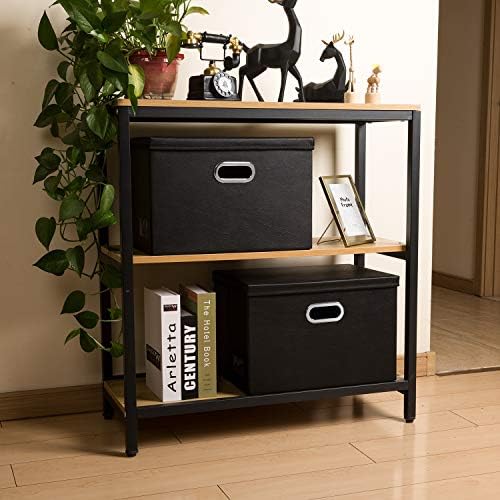 Large Collapsible Storage Bin with Lid [1-Pack] Leather Fabric Foldable Storage Box Organizer Containes Basket Cube with Cover for Home Bedroom Closet Office Nursery Black (17.7x11.8x11.8)