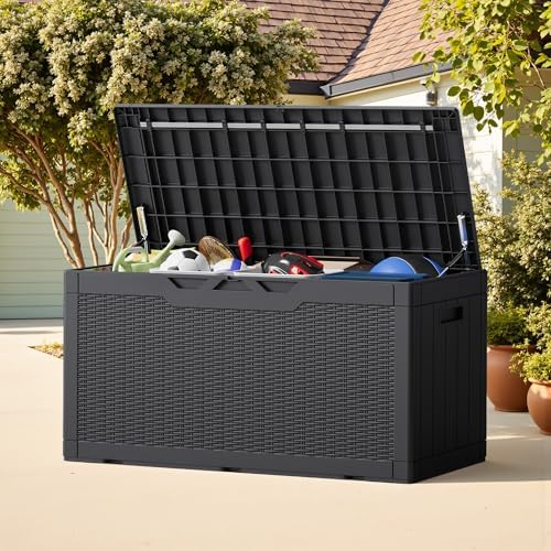 Outdoor Storage Box 100 Gallon Storage Bin with Lid for Patio Furniture, Garden Tools, Pool Supplies, Lockable, Waterproof and UV Resistant, Black