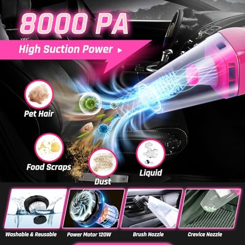 55PCS Pink Car Detailing Kit Interior Cleaner with High Power Handheld Vacuum, Car Wash kit with Detailing Brush Set,Car Interior Detailing Kit,Car Accessories for Cars,Gifts for Women