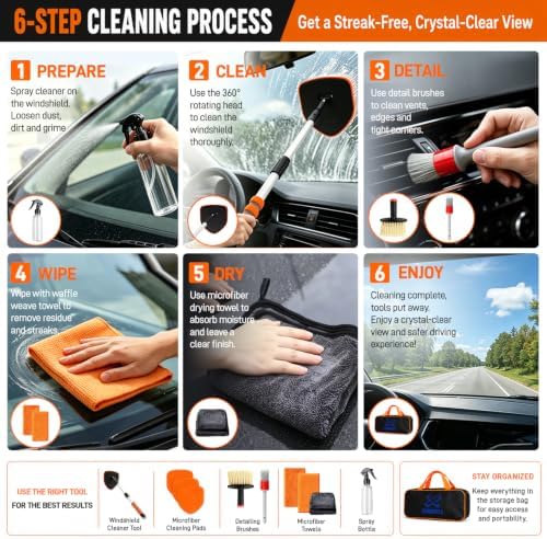 XINDELL Interior Windshield Cleaner Tool, Extendable Car Window Cleaning Kit with 360° Rotating Head