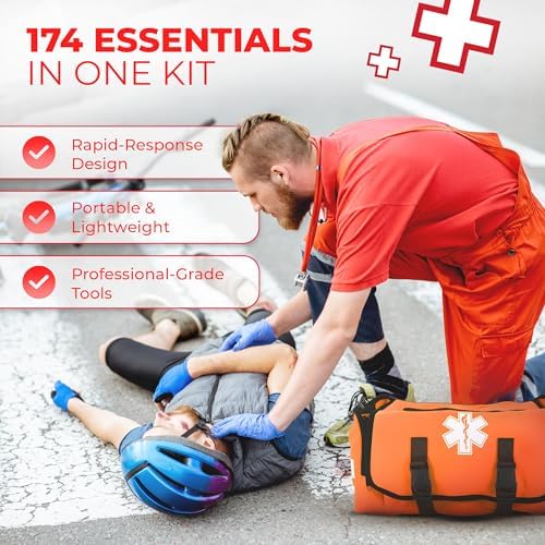 Fully Stocked EMT Trauma Bag – Tactical First Responder Medical Kit with Tourniquet, Chest Seals, Bleeding Control, Gauze, Shears & Bandages – Orange