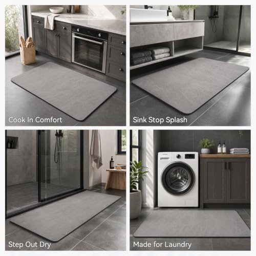 Bath Mat-Rubber Backing Non SlipThin Bathroom Rugs Fit Under Door- Quick Dry Absorbent Faux Suede Surface Grey Bathroom Floor Mats-Shower Rug for in Front of Bathtub Shower Gray 16x24