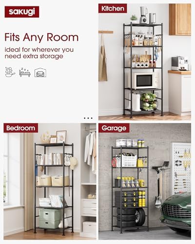 5-Tier Storage Shelves with Hooks, 18.1" x 12.4" x 56.8", Black