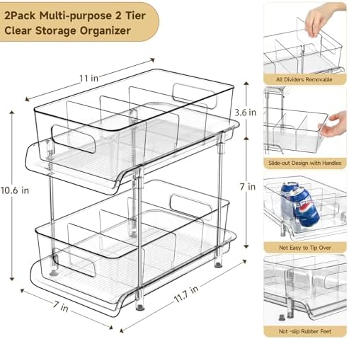 2-Tier Bathroom Organizer with Dividers, Clear Under Sink and Pull-Out Cabinet Organizer for Kitchen and Pantry Storage