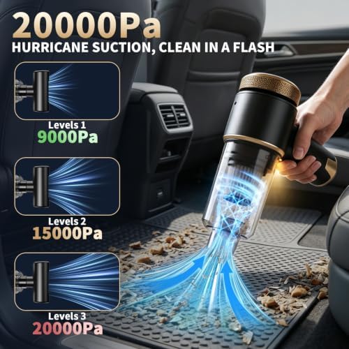 Car Vacuum, 20000PA Powerful Suction 6000mAh up to 40 Minutes Black