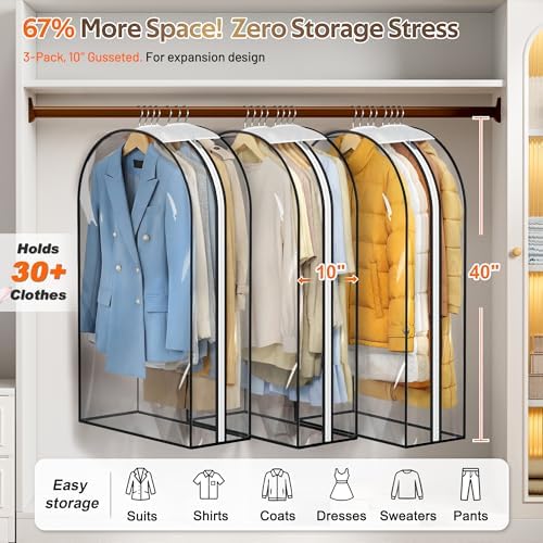 10" Gusseted All Clear Garment Bags for Hanging Clothes 3 Packs 40" Suit Bags for Closet Storage Hanging Clothes Storage Suit Cover for Shirts, Coats, Dresses