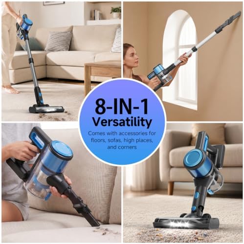 Cordless Vacuum Cleaner for Home - Lightweight, 35Kpas Stick Vacuums Clean with Rechargeable Battery, Max 45Mins Runtime, 8 in 1 Handheld Vacuum for Hardfloor & Carpets Pet Hair, Blue