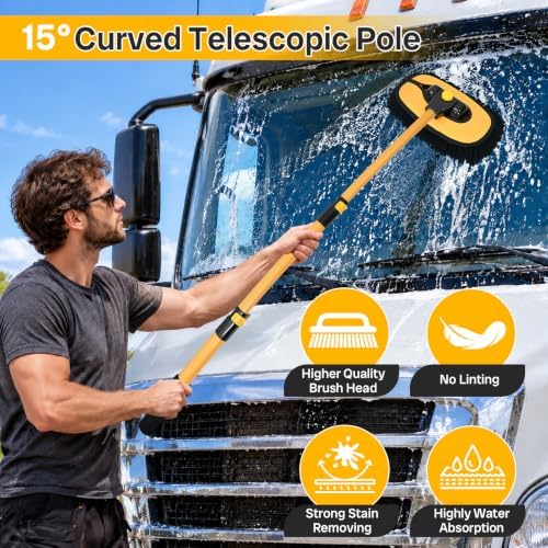 Car Wash Brush with Long Handle, 15°Curved Car Cleaning Brush with Telescopic Handle, Complete Car Wash Kit 8pcs for Cars RV Truck Boat Home