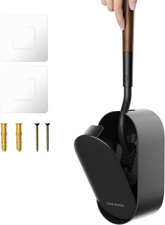 Toilet Bowl Brush and Holder, OSCIOSS Toilet Brush Set with Ergonomic Design, Compact Size, Durable Bristles, RV Toilet Brushes & Holders for Dead Corner Clean (Wood&Black, 1pack)