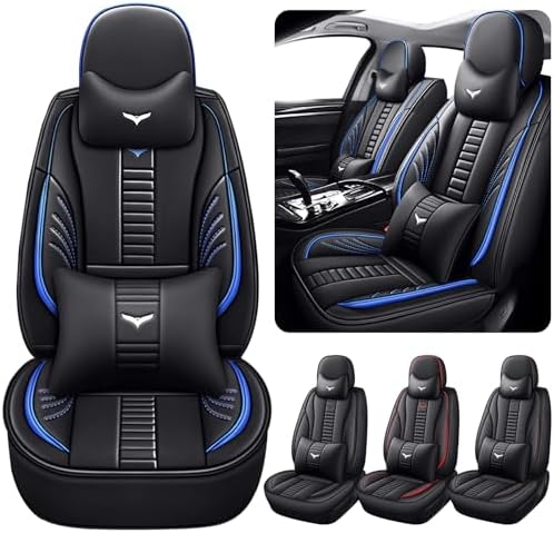 Luxury 2 Seats Car Seat Covers Protectors for Jeep Wrangler Unlimited 2019-2025, Back Storage Bag Design & Headrest Pillow & Lumbar Support Black & Blue Line