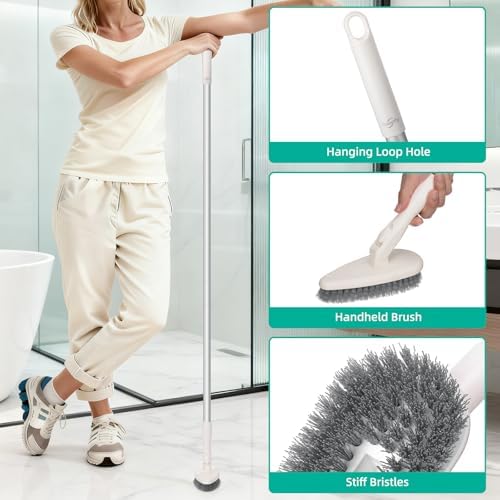 4-in-1 Tub and Tile Shower Scrubber, 51'' Bathtub Cleaning Brush with Long Handle, Soft & Stiff Bristles Bathroom Scrub Brush, Non-Scratch Shower Cleaner Brush for Cleaning