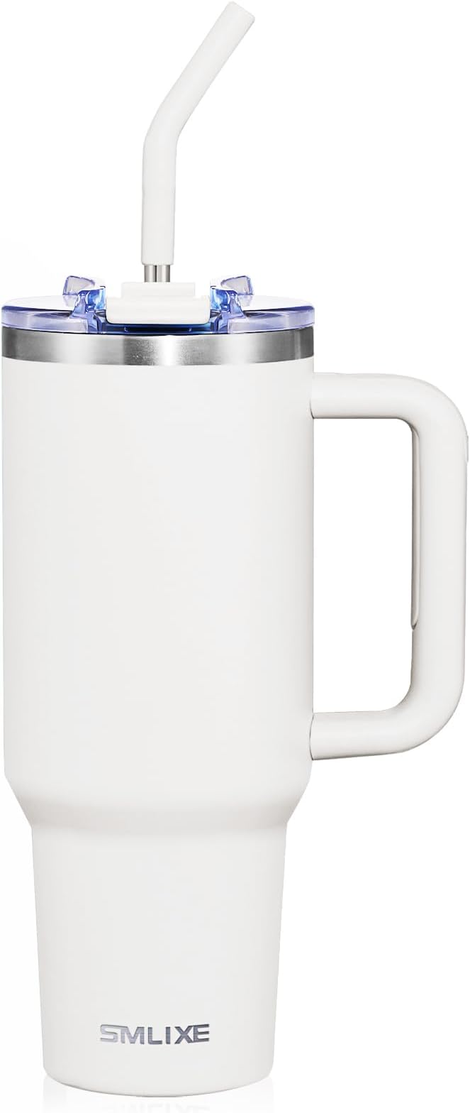 40 oz Tumbler with Handle and Straw Lid,Insulated Reusable Stainless Steel Water Bottle Travel Mug，Cupholder Friendly Double Wall Vacuum Sealed Cup (Snow)