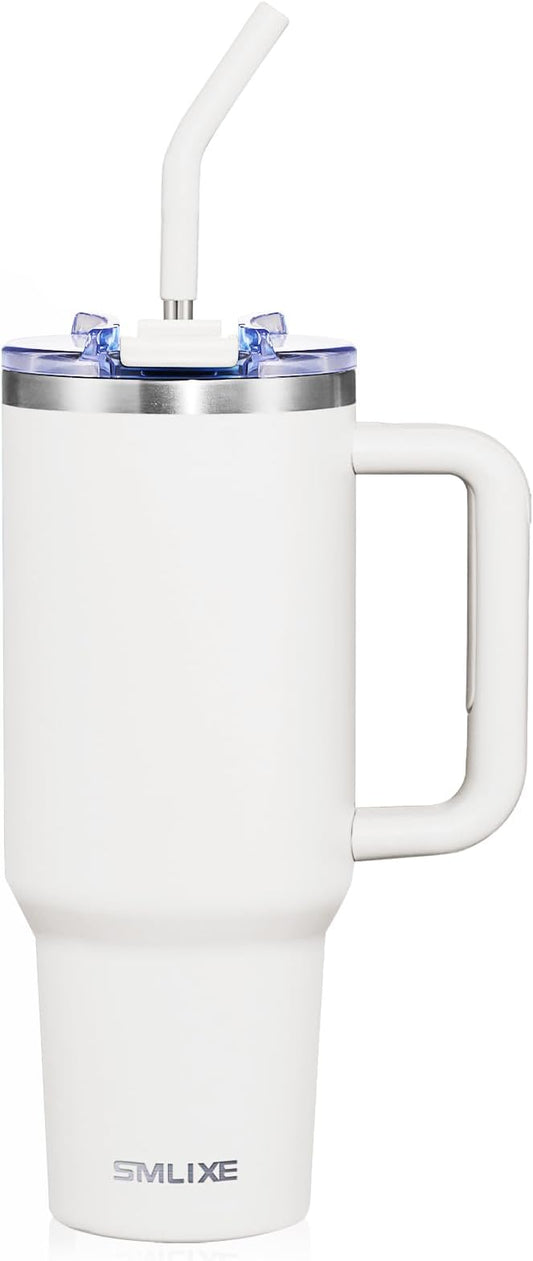 40 oz Tumbler with Handle and Straw Lid,Insulated Reusable Stainless Steel Water Bottle Travel Mug，Cupholder Friendly Double Wall Vacuum Sealed Cup (Snow)