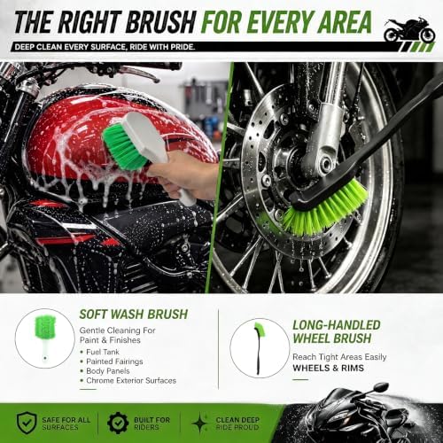 Motorcycle Cleaning Kit - 11 Pc Professional Motorcycle Detailing & Wash Kit for Harley Davidson, Dirt Bike & Street Bikes, Complete Care Set with 3-Sided Chain Brush, Wheel Rim Brush & Storage Bag